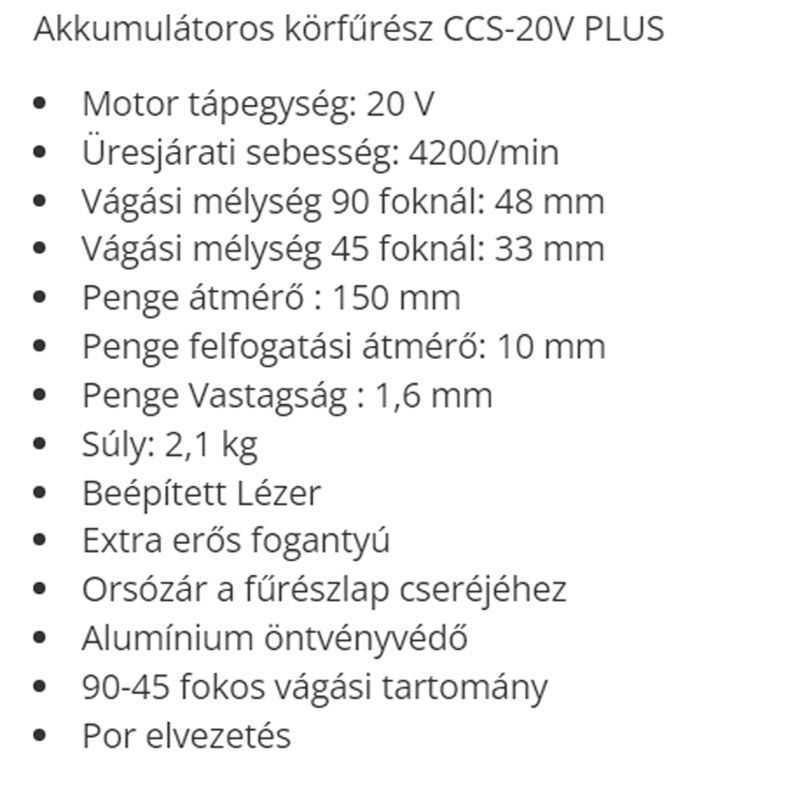 KÖRFŰRÉSZ AKKUS 20V CCS-20V PLUS, LAP: D150 mm F.F.GROUP 41319 UTOLSÓ DARAB