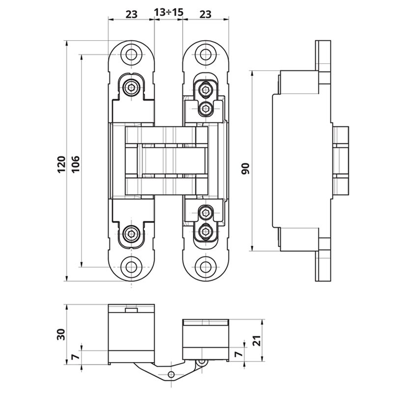 REJTETT ZSANÉR 120*23mm MATTNIKKEL FEDLAP 3D ÁLLÍTHATÓ OTLAV 230NM AJTÓVASALAT