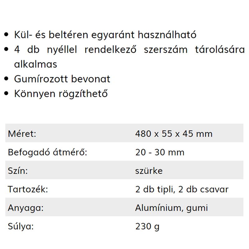 SZERSZÁMTARTÓ FALI 4 SLOT-OS UNIVERZÁLIS KERTI 48*5.5*4.5cm HANDY 57148B MŰHELYFELSZERELÉS