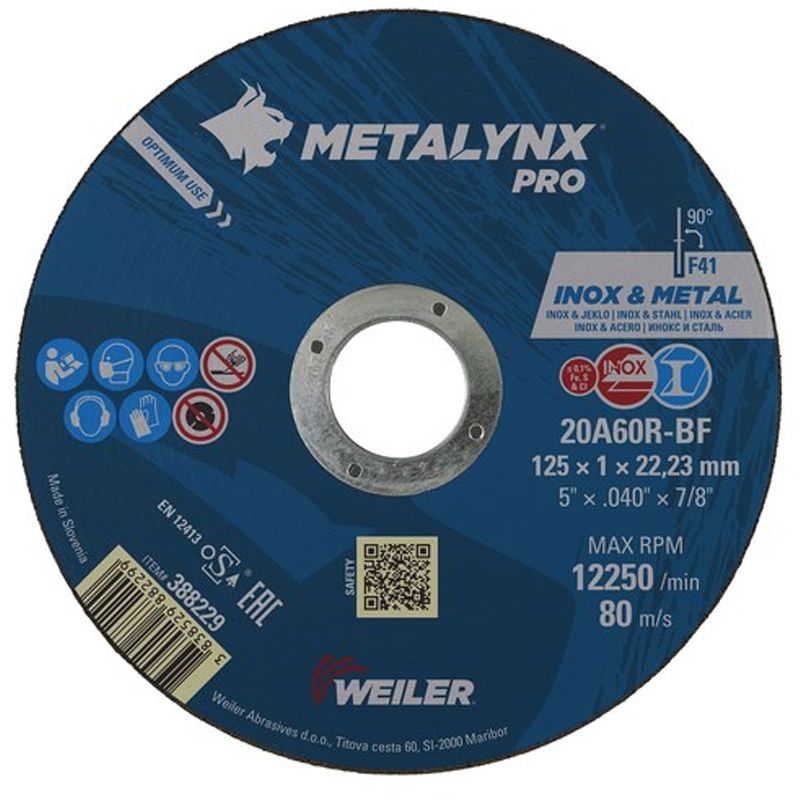 VÁGÓKORONG INOX-ACÉL D125*1.0 22LYUK 20A60R-BF METALYNX PRO 388229